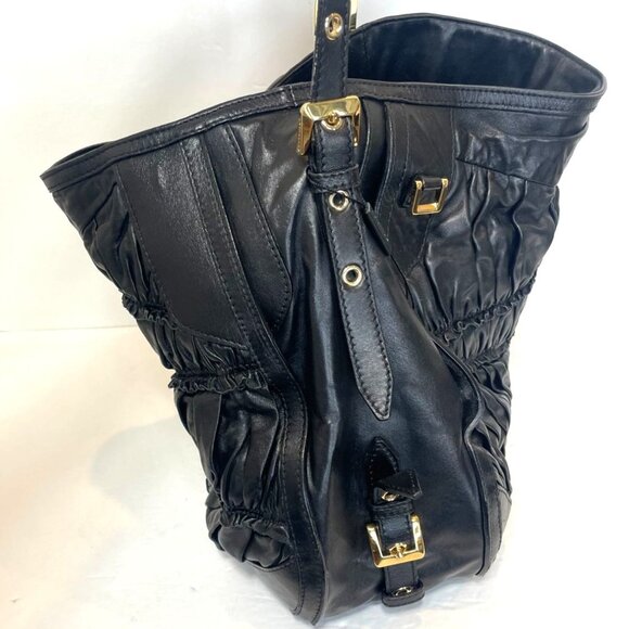 Burberry Black Lambskin Leather Pleated Hobo Bag Gold Hardware Detachable Strap - Picture 11 of 16